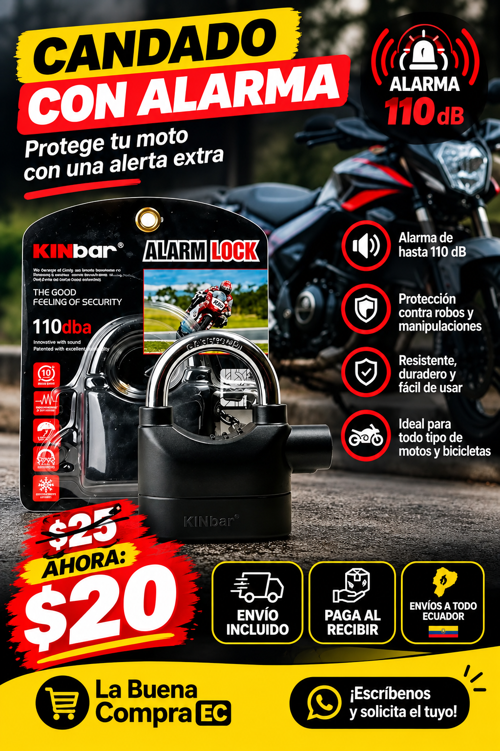 CANDADO CON ALARMA PARA TODO TIPO DE MOTO